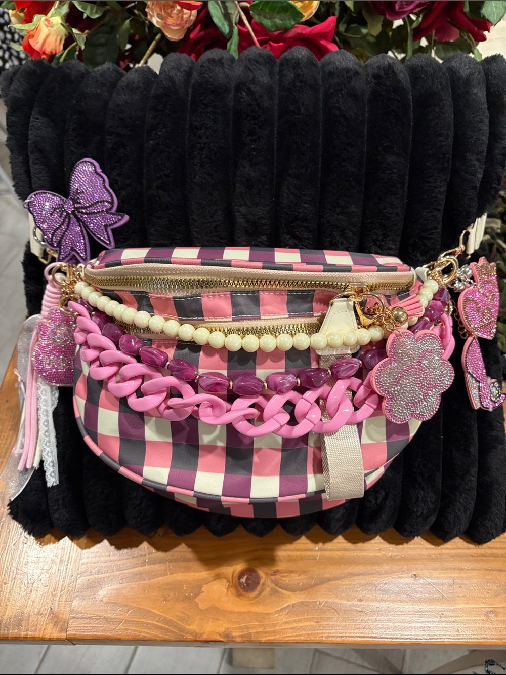 Pink Checkered Crossbody Bag with Decorative Charms